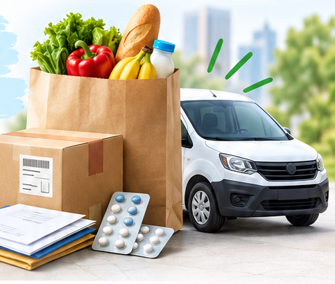 Bolsa de compras, paquetes, documentos, medicamentos y la camioneta de reparto